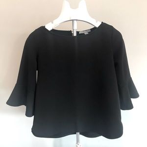 Black mod-style blouse with flaired 3/4 sleeves, size L